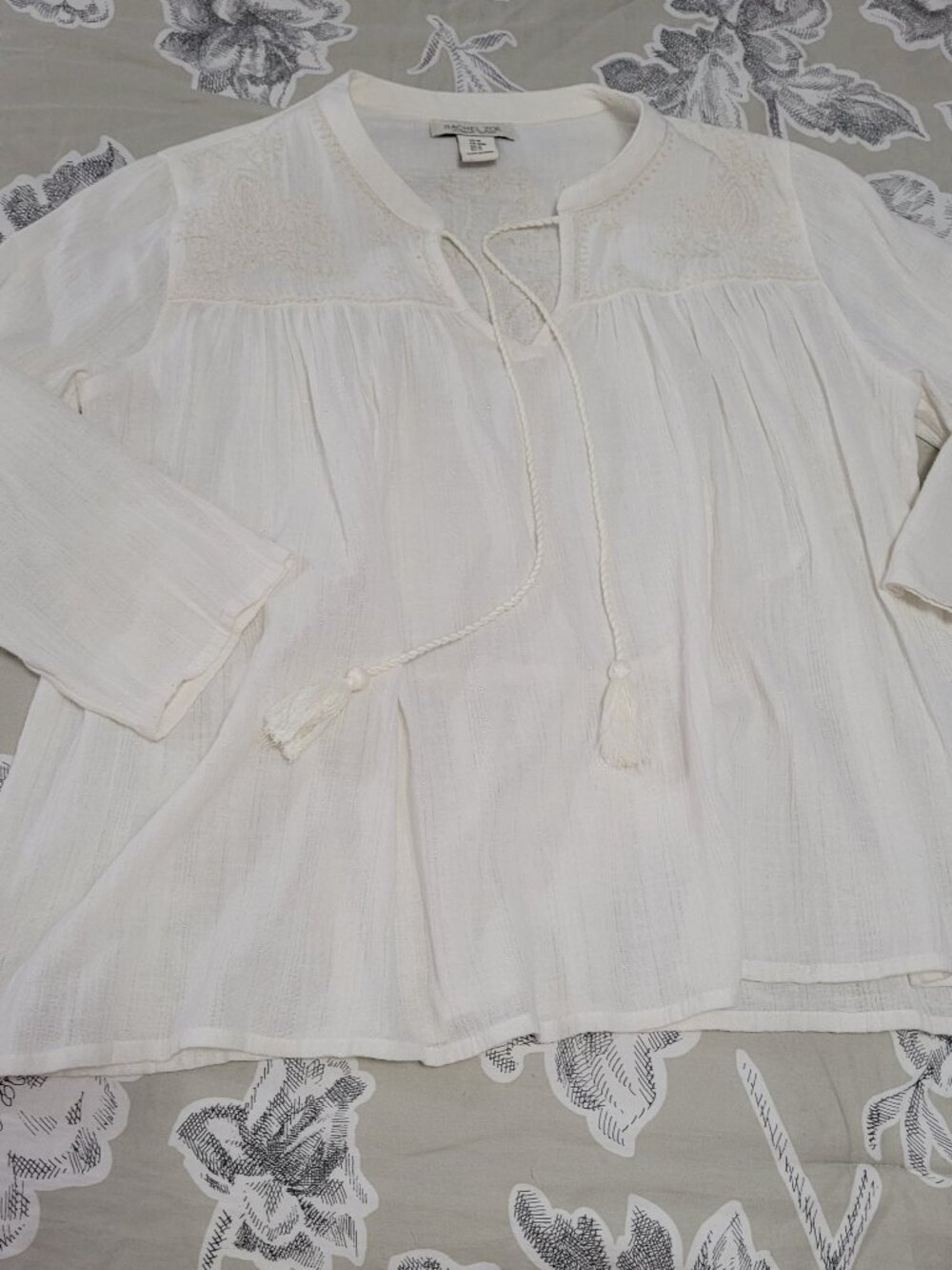 Rachel Zoe Boho Cream Embroidered 3/4 Sleeve Cotton Gauze Top Size Medium EUC